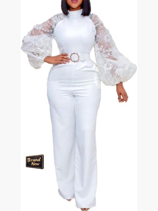 Pants - Lantern Sleeve Jumpsuit Formal Belted High Neck Polyester Wedding Guest